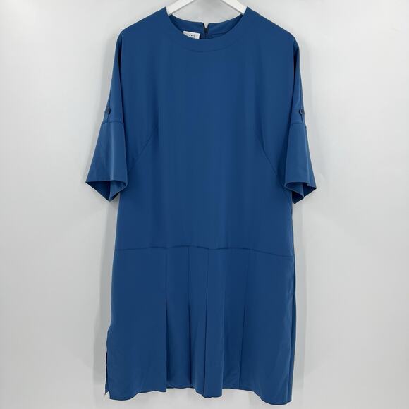 Akris Punto Drop Waist Pleated Front Mini Dress Blue Short Sleeves Zip Size 12 - Picture 3 of 12